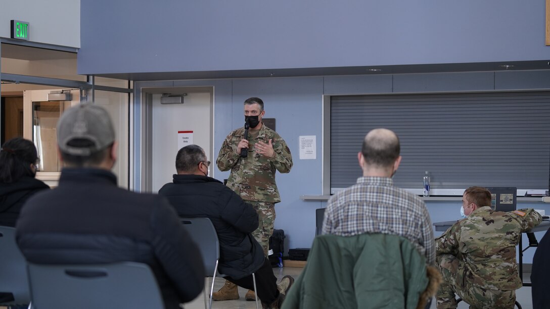 Maj. Gen. Torrence Saxe, commissioner for the Department of Military and Veterans Affairs and adjutant general of the Alaska National Guard, speaks to Western Alaska community members during a townhall held at the Bethel Readiness Center in Bethel, Alaska, April 8, 2021. Members of the Alaska Department of Military and Veterans Affairs, the Department of Environmental Conservation, and the Department of Commerce, Community, and Economic Development traveled to Western Alaska April 7-9 to meet with Tribal leaders and citizens in Bethel, Tuluksak, and Chevak to discuss disaster assistance measures and processes in light of recent emergencies that have occurred in the region, and in preparation for the upcoming flood season. (U.S. Army National Guard photo by Dana Rosso)