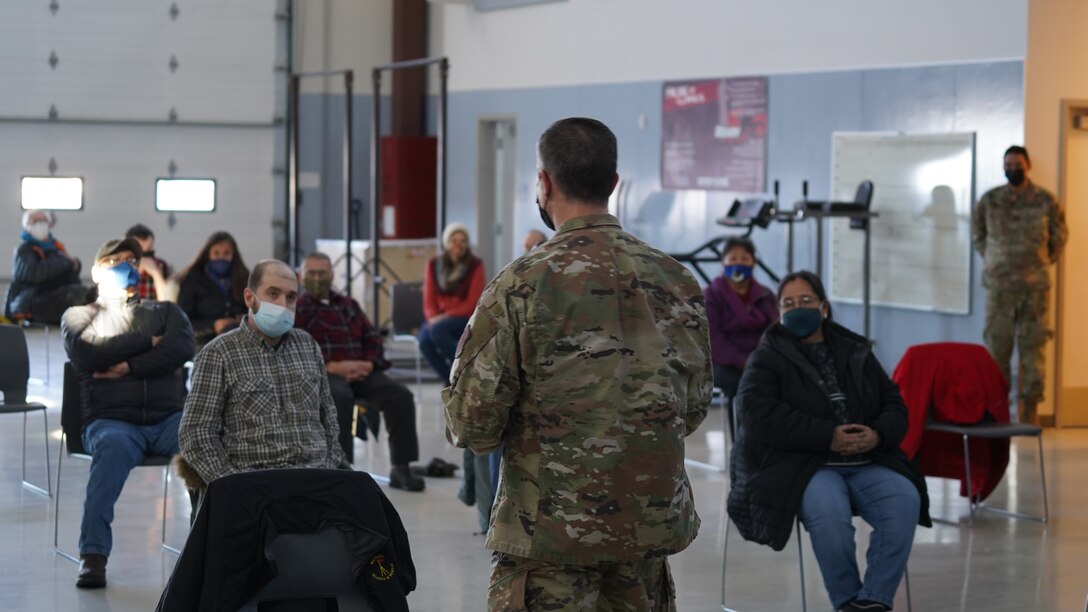 Maj. Gen. Torrence Saxe, commissioner for the Department of Military and Veterans Affairs and adjutant general of the Alaska National Guard, speaks to Western Alaska community members during a townhall held at the Bethel Readiness Center in Bethel, Alaska, April 8, 2021. Members of the Alaska Department of Military and Veterans Affairs, the Department of Environmental Conservation, and the Department of Commerce, Community, and Economic Development traveled to Western Alaska April 7-9 to meet with Tribal leaders and citizens in Bethel, Tuluksak, and Chevak to discuss disaster assistance measures and processes in light of recent emergencies that have occurred in the region, and in preparation for the upcoming flood season. (U.S. Army National Guard photo by Dana Rosso)