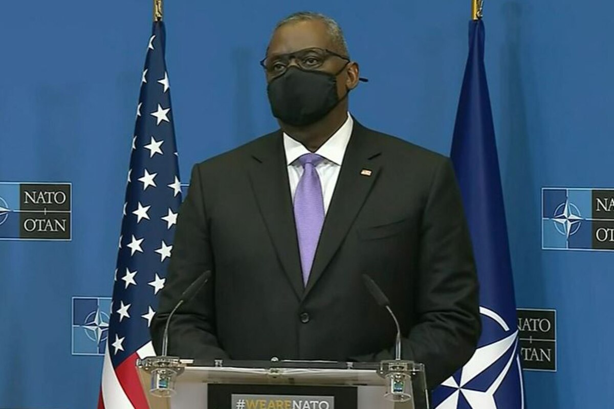 Secretary of Defense Lloyd J. Austin III speaks to reporters.