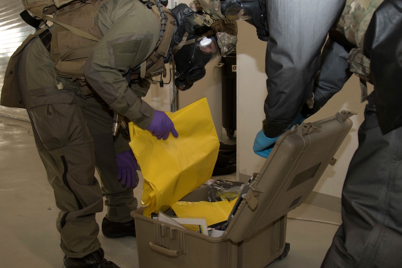 U.S. Special Operations Forces pull out chemical detection equipment to test for hazardous materials in a simulated scenario during exercise Invincible Sentry, March 23, 2021, near Doha, Qatar. U.S. Central Command’s annual bilateral exercise allows the U.S. and Qatar to work together toward prevailing against complex regional security challenges. (U.S. Army photo by Staff Sgt. Daryl Bradford, Task Force Spartan Public Affairs)