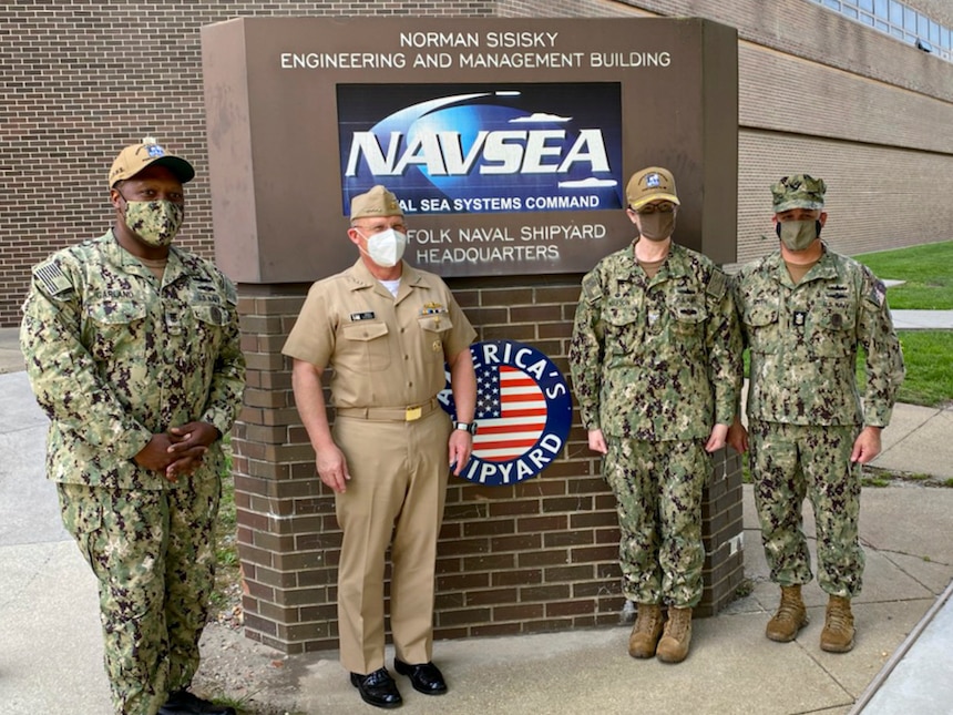 NORFOLK, Va. (Apr. 14, 2021) - Chief of Naval Operations (CNO) Adm. Mike Gilday meets with Sailors aboard USS George H.W. Bush during a trip to Hampton roads. (U.S. Navy photo by Cmdr. Nate Christensen/Released)