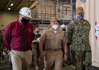 PORTSMOUTH, Va. (Apr 13, 2021) Admiral Mike Gilday, Chief of Naval Operations visits the aircraft carrier USS George H. W. Bush (CVN 77) as a part of his list to Norfolk Naval Shipyard. GHWB is currently in Norfolk Naval Shipyard for its Docking Planned Incremental Availability. (U.S. Navy photo by Mass Communication Specialist 3rd Class Ryan Pitt)