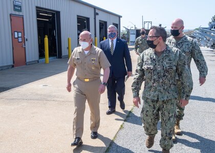 VIRGINIA BEACH, Va (April 14, 2021) – Chief of Naval Operations Mike Gilday tours Explosive Ordnance Disposal Group (EODGRU) Two STRIKE facility onboard Joint Expeditionary Base Little Creek, April 14, 2021. Gilday and Master Chief Petty Officer of the Navy Russel Smith toured the EODGRU 2 STRIKE facility and met with EOD operators and Navy divers to discuss capabilities and equipment employed by the force. EOD STRIKE protects individuals and teams in the EOD Force from debilitating stress through adaptability, recovery and growth across the personal, social, cognitive and physical wellness domains. (U.S. Navy photo by Mass Communication Specialist Seaman Apprentice Nicholas Skyles)