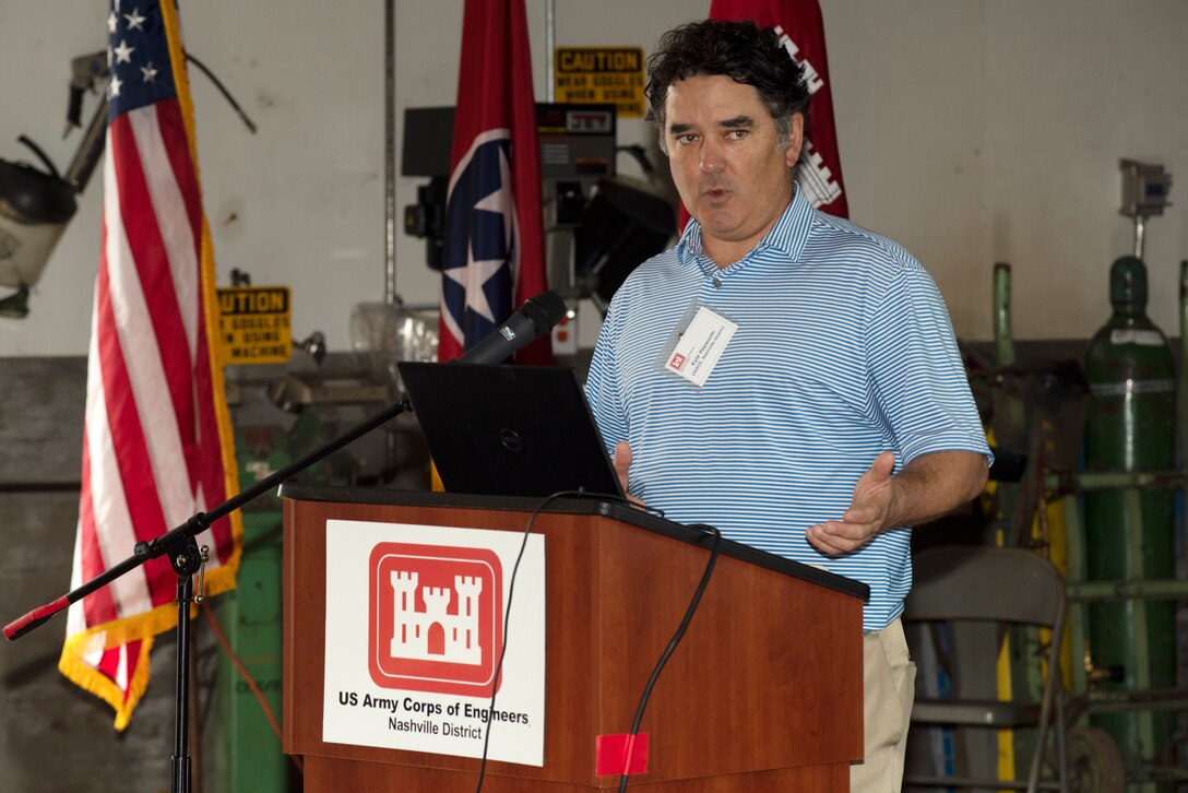 Kyle Hayworth, U.S. Army Corps of Engineers Nashville District Dam Safety Program manager, leads first responders through several exercise scenarios April 8, 2021 at Center Hill Dam in Lancaster, Tennessee, that made it possible for participants to address security and dam safety issues and to consider public safety concerns in a classroom environment. (USACE Photo by Lee Roberts)