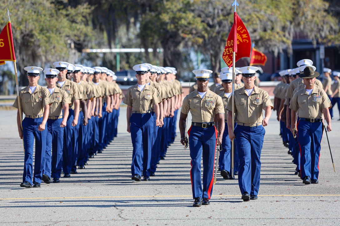 U.S. Marines with Papa Company, 4th Recruit Training Battalion, graduate recruit training aboard Marine Corps Recruit Depot Parris Island, S.C., March 26, 2021. Upon graduation the Marines will go to the School of Infantry.