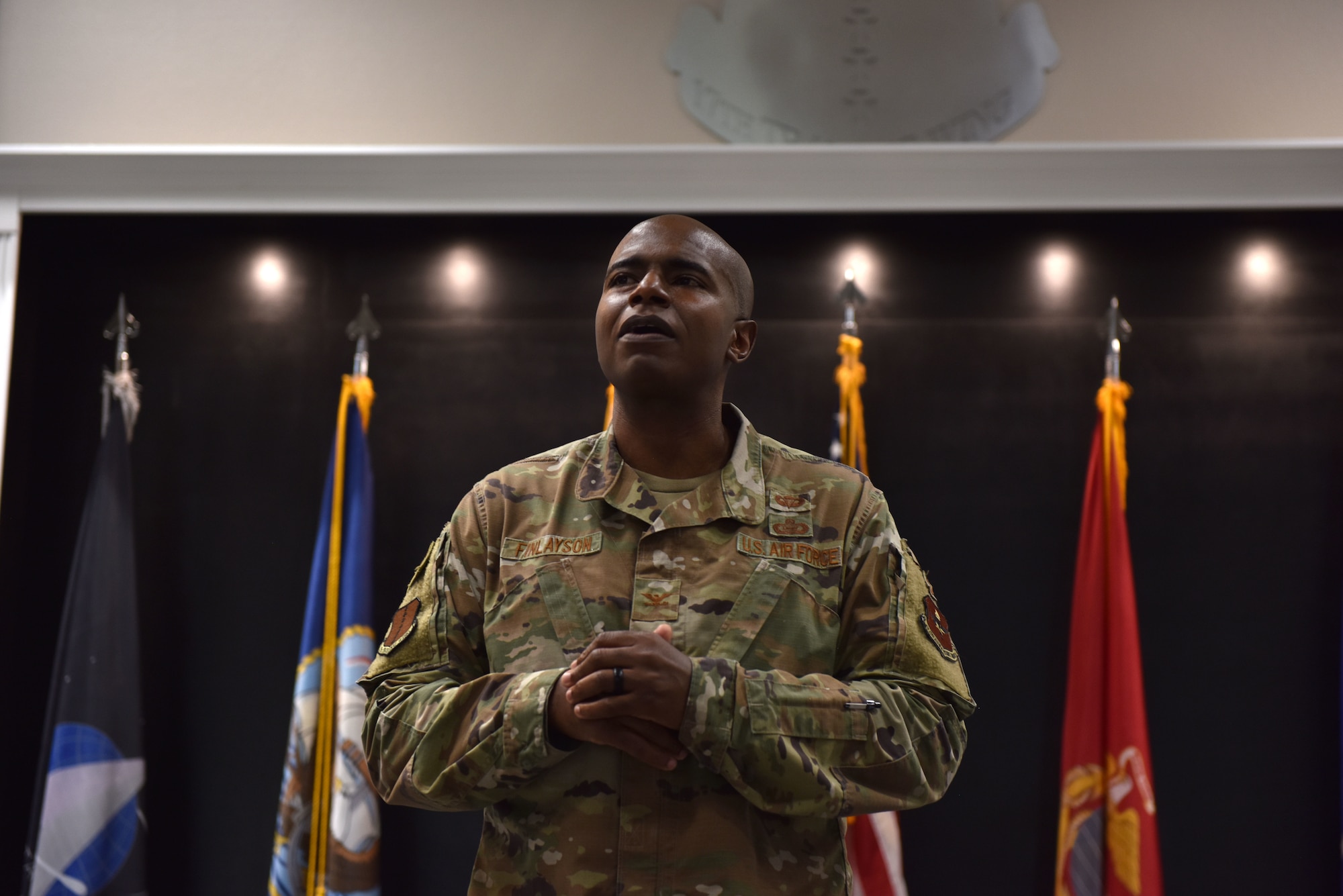 U.S. Air Force Col. James Finlayson, 17th Training Wing vice commander, discusses the partnership between Goodfellow and the San Angelo community during the Honorary Commander graduation in the Event Center on Goodfellow Air Force Base, Texas, April 9, 2021. Goodfellow and San Angelo lead the Air Force in the number of partnerships between a base and local community. (U.S. Air Force photo by Staff Sgt. Seraiah Wolf)