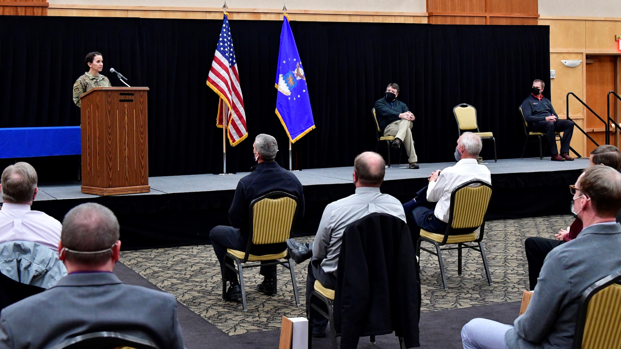 Col. Shirley Mercier, mobilization assistant to the vice commander for the Ogden Air Logistics Complex, gives remarks during an energy incentive award ceremony held April 14, 2021, at Hill Air Force Base, Utah. Rocky Mountain Power representatives presented an energy incentive award to the base for its participation in the electric company’s Wattsmart program. (U.S. Air Force photo by Todd Cromar)