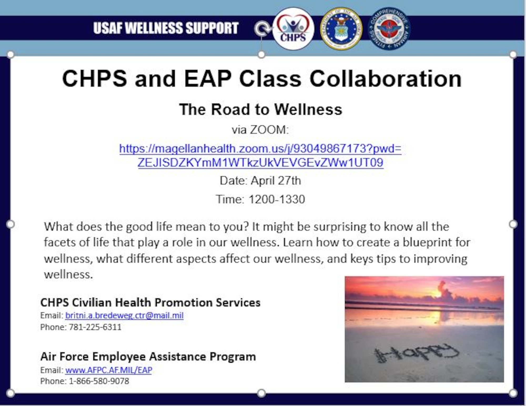 The Civilian Health Promotion Services and Employee Assistance Program's from Hanscom Air Force Base, Mass., will host a joint wellness course via Zoom April 27. The collaborative presentation will explore how physical and mental health contribute to overall wellness. (Graphic courtesy of Hanscom Civilian Health Promotions Service )