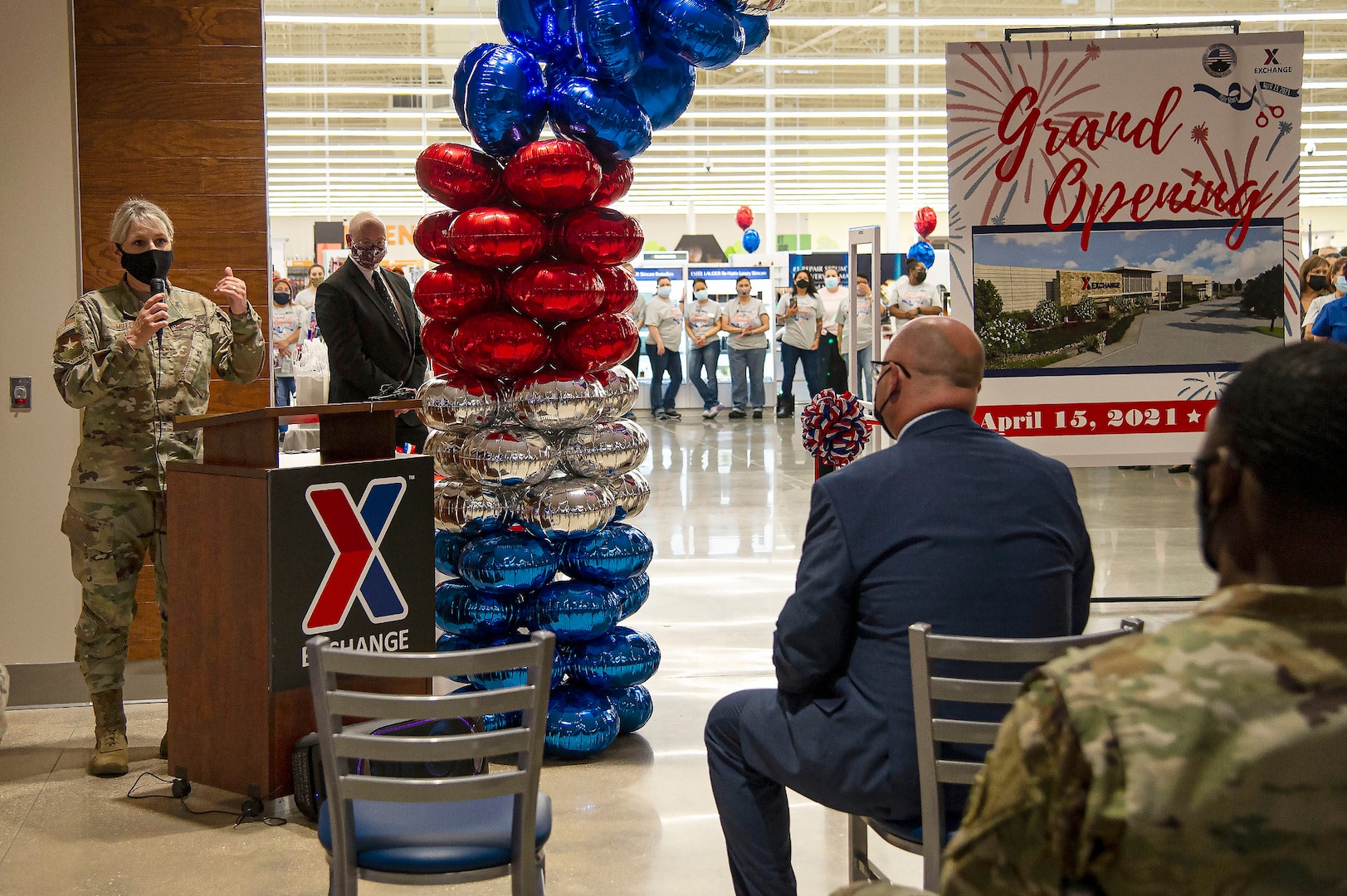 Brig. Gen. Caroline Miller, 502nd Air Base Wing and Joint Base San Antonio commander, speaks to attendees at the grand opening and ribbon cutting for the new 210,000-square-foot Exchange center located on JBSA-Fort Sam Houston April 15.