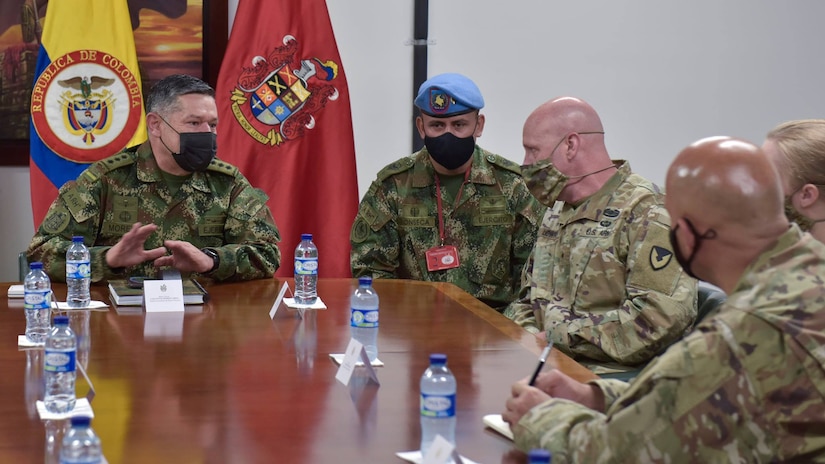 Maj. Gen. Carlos Moreno, left, the vice commander for the Colombian Army, briefs Brig. Gen. Douglas Lowrey, commander of U.S. Army Security Assistance Command, during a key leader engagement at a Colombian Army base in Bogota, Colombia, April 5, 2021. Lowrey, and staff, visited several sites to see the impact of U.S. security assistance and foreign military sales, in support of the Colombian military in defending their country from counter-narcotic and terrorist threats.