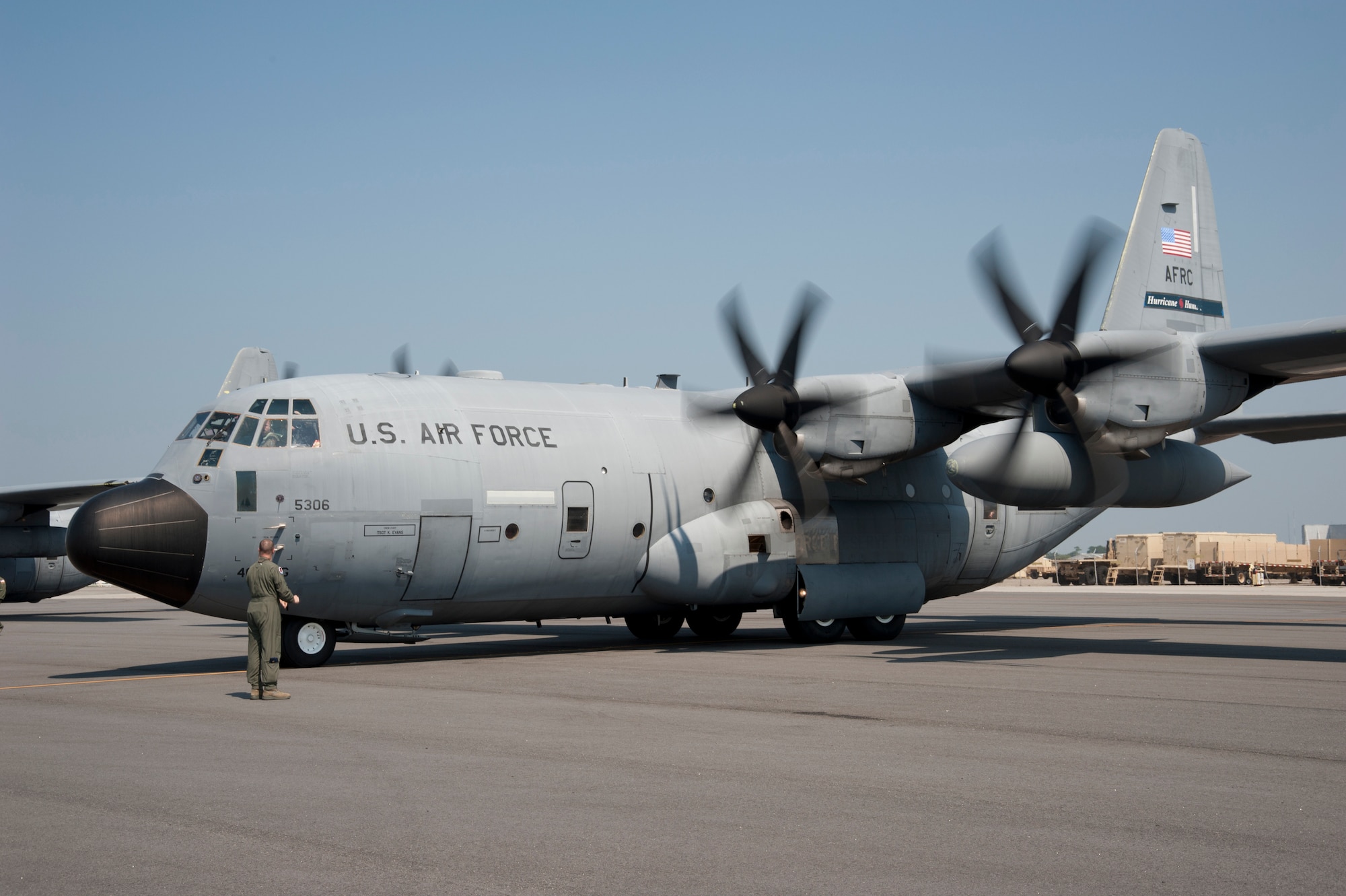 A WC-130J aircraft powers down after returning from the final flight into Hurricane Irene August 28. This particular mission took the 53rd Weather Reconnaissance Squadron “Hurricane Hunters” as far north as New York. To get their final fix on the storm, the crew released a dropsonde into the Hudson Bay – a first for the Hurricane Hunters. The squadron flew out of Hunter Army Airfield, Ga., for the last days of their storm mission. (U.S. Air Force photo/Tech. Sgt. Ryan Labadens)