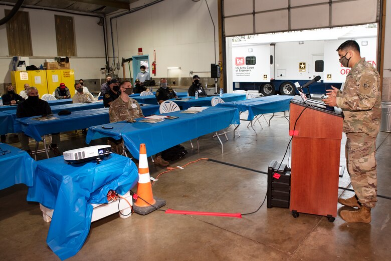 Lt. Col. Sonny Avichal, U.S. Army Corps of Engineers Nashville District commander, welcomes regional first responders April 8, 2021 to Center Hill Dam in Lancaster, Tennessee, for First Responders Day, an opportunity for participants to address security and dam safety issues and to consider public safety concerns in a classroom environment.  (USACE Photo by Lee Roberts)