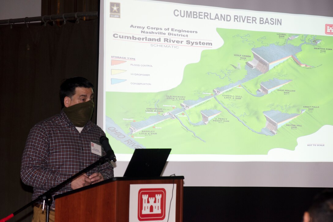 Kevin Salvilla, U.S. Army Corps of Engineers Nashville District resource manager at Center Hill Lake, provides a project briefing April 8, 2021 at Center Hill Dam in Lancaster, Tennessee, to familiarize participants with the Cumberland River Basin projects, and the facilities and area landscape at Center Hill Dam. (USACE Photo by Lee Roberts)