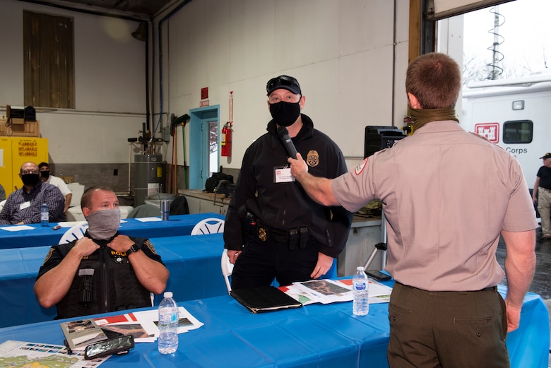 Tennessee Valley Authority Police Inspector Aaron Brown provides input during a tabletop exercise April 8, 2021 at Center Hill Dam in Lancaster, Tennessee, during a dam safety and security exercise as part of First Responder's Day. The U.S. Army Corps of Engineers Nashville District sponsored the event so the various organizations could be prepared for possible incidents involving the nation's infrastructure. (USACE Photo by Lee Roberts)