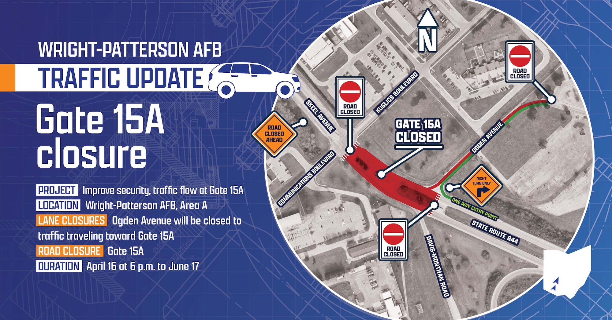 WPAFB Gate 15A Closure (Air Force graphic by David Clingerman)