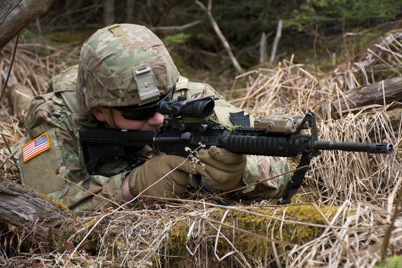A Soldier from Bravo Company, 1st Battalion, 109th Infantry Regiment, 2nd Infantry Brigade Combat Team, takes up a defensive position during battle drills in a training area near Williamsport on April 9, 2021. (U.S. Army photo by Sgt. 1st Class Matthew Keeler)