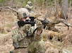 Soldier from Bravo Company, 1st Battalion, 109th Infantry Regiment, 2nd Infantry Brigade Combat Team, move to their position within the squad to provide security during battle drills in a training area near Williamsport on April 9, 2021.  The Soldiers and young leaders were tested with different scenarios to build their cohesion as a team. (U.S. Army photo by Sgt. 1st Class Matthew Keeler)