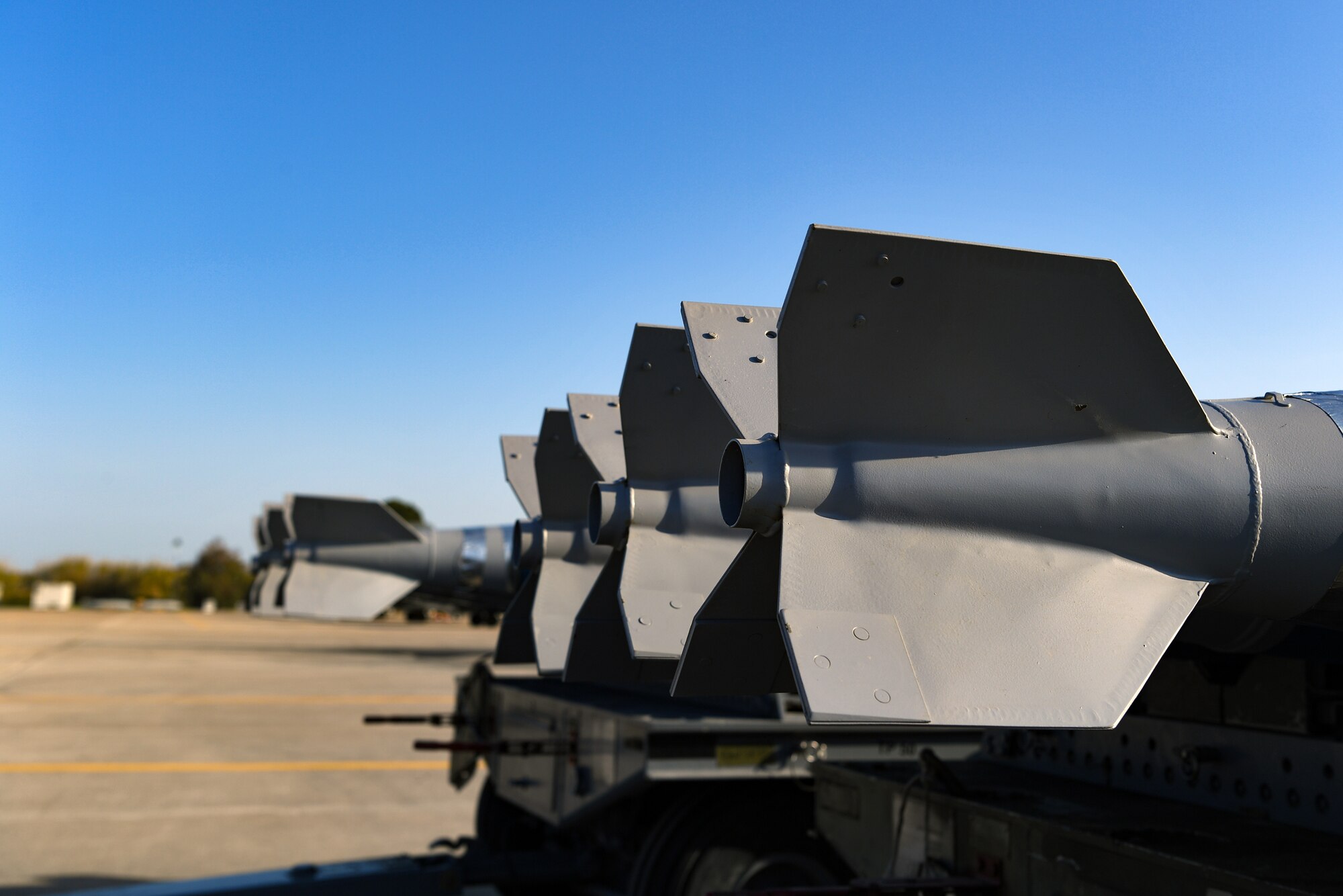 Inert munitions provided by the 31st Munitions Squadron (MUNS) sit on a trailer at Andravida Air Base, Greece, April 12, 2021. The inert munitions were used for INIOCHOS 21, a Hellenic Air Force-led, large force flying exercise focused on strengthening partnerships and interoperability. (U.S. Air Force photo by Airman 1st Class Thomas S. Keisler IV)