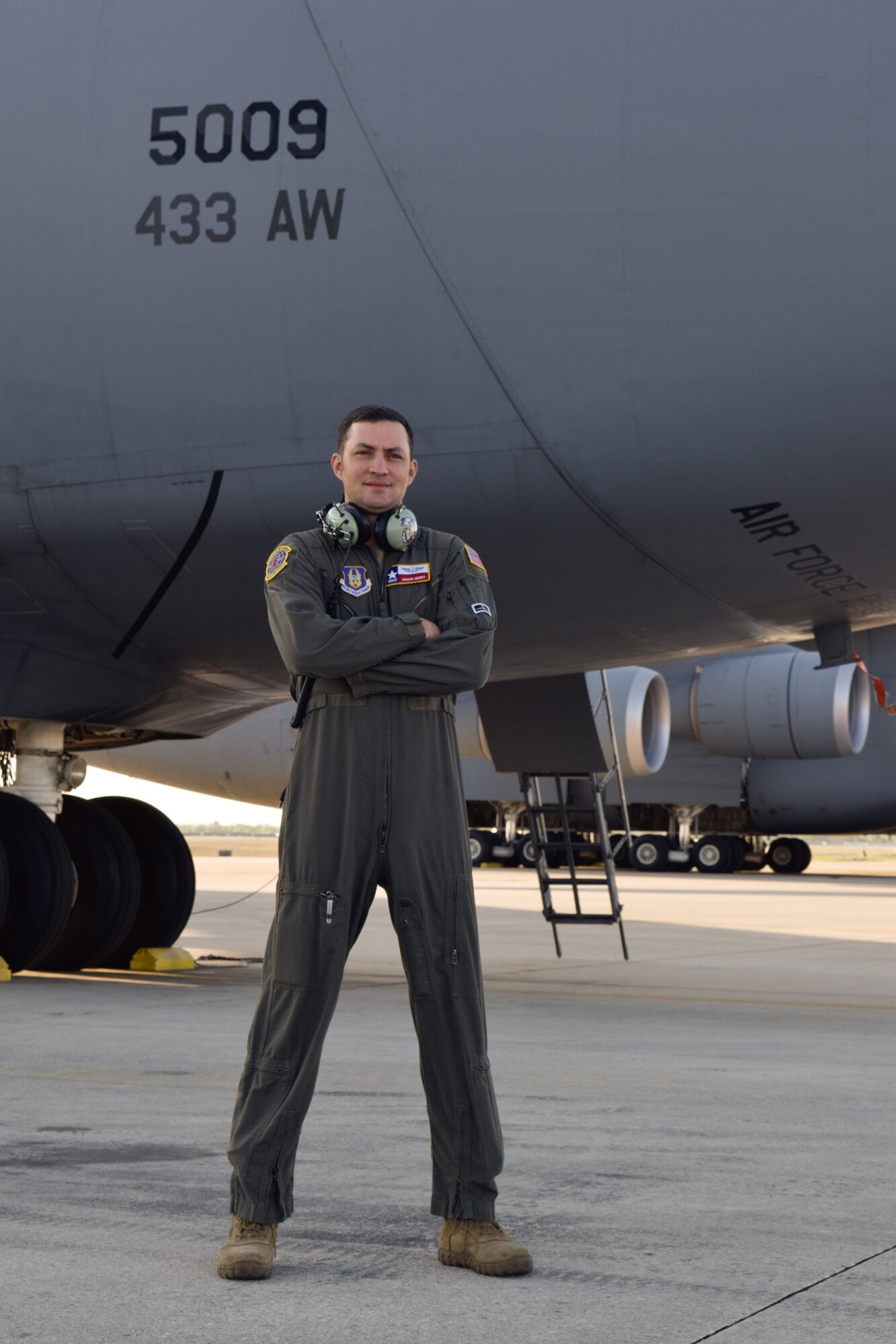 Master Sgt. Jason Henry, 733rd Training Squadron flight engineer instructor, stands in front of a C-5M Super Galaxy at Joint Base San Antonio-Lackland, Texas, March 25, 2021. Henry has served in various roles during his 18 years of service in the Air Force. (U.S. Air Force photo by Senior Airman Brittany Wich)