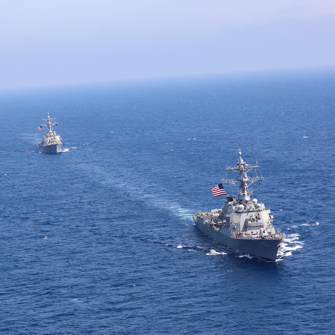 210415-N-CJ510-0226 MEDITERRANEAN SEA (April 15, 2021) The Arleigh Burke-class guided-missile destroyer USS Roosevelt (DDG 80), front, and the Arleigh Burke-class guided-missile destroyer USS Donald Cook (DDG 75) sail in formation, April 15, 2021. Roosevelt, forward-deployed to Rota, Spain, is on its second patrol in the U.S. Sixth Fleet area of operations in support of regional allies and partners and U.S. national security interests in Europe and Africa. (U.S. Navy photo by Naval Air Crewman 2nd Class Joshua Kautzman)