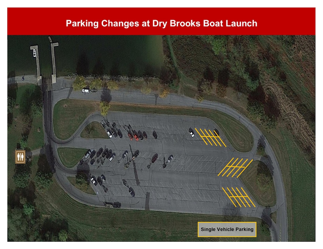 Map shows parking areas at Dry Brooks Boat Launch at Blue Marsh Lake
