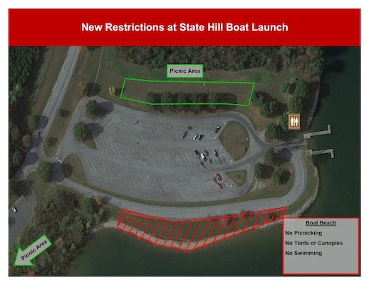 Map showing parking areas at the State Hill Boat Launch at Blue Marsh Lake