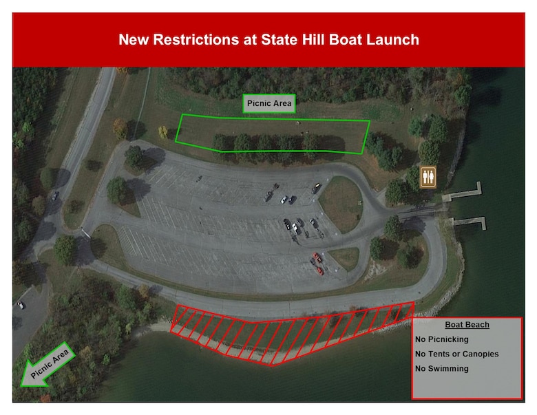 Map showing parking areas at the State Hill Boat Launch at Blue Marsh Lake