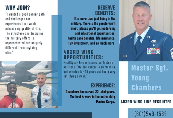 This graphic is part four of a series. Master Sgt. Young Chambers is a line recruiter with the Air Force Reserve 403rd Wing. Chambers started his military career in the Marine Corps before switching to the Air Force Reserve where he has experience in many roles, but said being a first sergeant was one of his most rewarding. (U.S. Air Force graphic by Staff Sgt. Kristen Pittman)