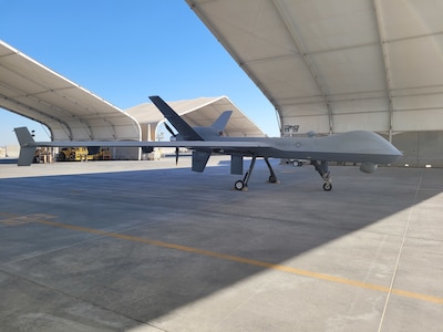 The Marine Corps’ first MQ-9A at an undisclosed location in the Central Command area of responsibility. The MQ-9A completed 10,000 flight hours in support of Marine Corps Forces, Central Command operations on March 31, 2021. (Photo courtesy of the U.S. Marine Corps).
