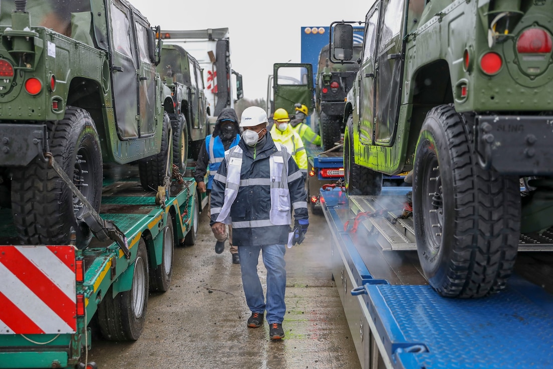 Equipment from the Army Prepositioned Stock-2 site in Eygelshoven, Netherlands arrived at Grafenwoehr, Germany, April 12. The equipment was off-loaded and staged to be issued to the 50th Expeditionary Signal Battalion (Enhanced) for DEFENDER-Europe 21. (photo by Jesse Pilgrim, 21st TSC PAO)