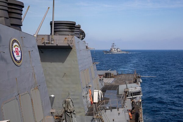 210415-N-CJ510-0135 MEDITERRANEAN SEA (April 15, 2021) The Arleigh Burke-class guided-missile destroyer USS Donald Cook (DDG 75) sails behind the Arleigh Burke-class guided-missile destroyer USS Roosevelt (DDG 80), April 15, 2021. Roosevelt, forward-deployed to Rota, Spain, is on its second patrol in the U.S. Sixth Fleet area of operations in support of regional allies and partners and U.S. national security interests in Europe and Africa. (U.S. Navy photo by Mass Communication Specialist 2nd Class Andrea Rumple/Released)