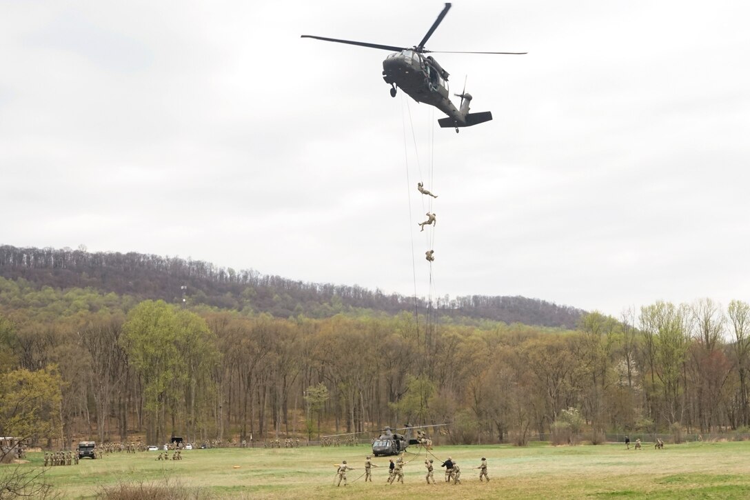 Soldiers rappel from an airborne helicopter.