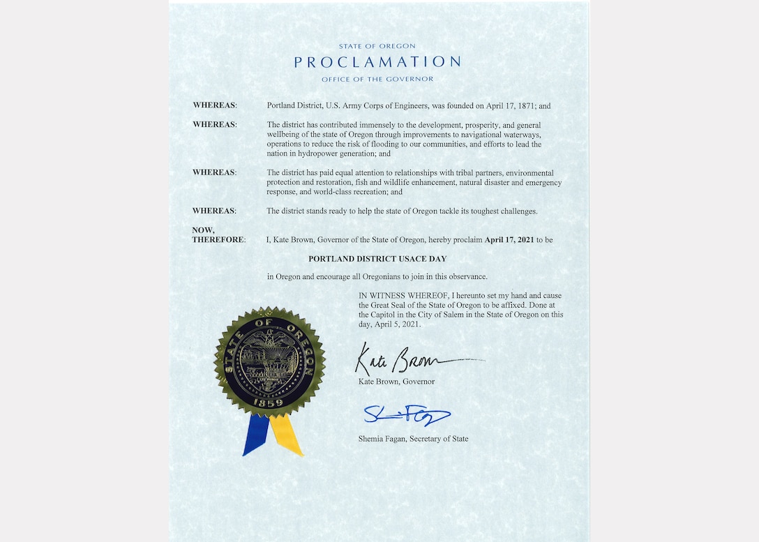Oregon’s Gov. Kate Brown and Secretary of State Shemia Fagan announce April 17, 2021 as “Portland District USACE Day” in a proclamation.