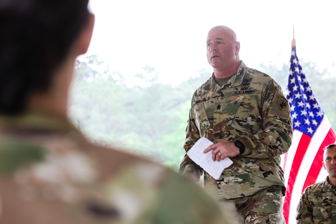 U.S. Army Reserve Command Sgt. Maj. Michael R. Mielke, senior enlisted advisor for the 352nd Civil Affairs Command, speaks during the award ceremony for the 2021 U.S. Army Civil Affairs and Psychological Operations Command (Airborne) Best Warrior Competition at Fort Jackson, S.C., April 10, 2021. The USACAPOC(A) BWC is an annual competition that brings in the best Soldiers across USACAPOC(A) to earn the title of “Best Warrior” among their peers after being evaluated on their individual ability to adapt and overcome challenging scenarios and battle-focused events, testing their technical and tactical abilities under stress and extreme fatigue.