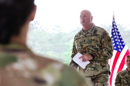 U.S. Army Reserve Command Sgt. Maj. Michael R. Mielke, senior enlisted advisor for the 352nd Civil Affairs Command, speaks during the award ceremony for the 2021 U.S. Army Civil Affairs and Psychological Operations Command (Airborne) Best Warrior Competition at Fort Jackson, S.C., April 10, 2021. The USACAPOC(A) BWC is an annual competition that brings in the best Soldiers across USACAPOC(A) to earn the title of “Best Warrior” among their peers after being evaluated on their individual ability to adapt and overcome challenging scenarios and battle-focused events, testing their technical and tactical abilities under stress and extreme fatigue.