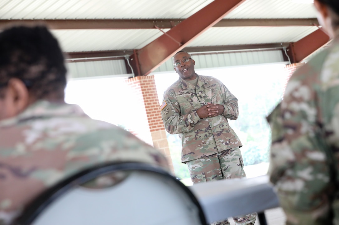 U.S. Army Reserve Command Sgt. Maj, Petter Trotter, the senior enlisted leader of United States Army Civil Affairs and Psychological Operations Command (Airborne), gives a speech during the award ceremony for the 2021 U.S. Army Civil Affairs and Psychological Operations Command (Airborne) Best Warrior Competition at Fort Jackson, S.C., April 10, 2021. The USACAPOC(A) BWC is an annual competition that brings in competitors from across USACAPOC(A) to earn the title of “Best Warrior.” BWC tests the Soldiers’ individual ability to adapt and overcome challenging scenarios and battle-focused events, testing their technical and tactical skills under stress and extreme fatigue.