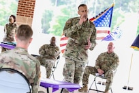 U.S. Army Reserve Brig. Gen. Jeffery Farris, right, the commanding general of the 352nd Civil Affairs Command, gives a speech during the award ceremony for the 2021 U.S. Army Civil Affairs and Psychological Operations Command (Airborne) Best Warrior Competition at Fort Jackson, S.C., April 10, 2021. The USACAPOC(A) BWC is an annual competition that brings in competitors from across USACAPOC(A) to earn the title of “Best Warrior.” BWC tests the Soldiers’ individual ability to adapt and overcome challenging scenarios and battle-focused events, testing their technical and tactical skills under stress and extreme fatigue.