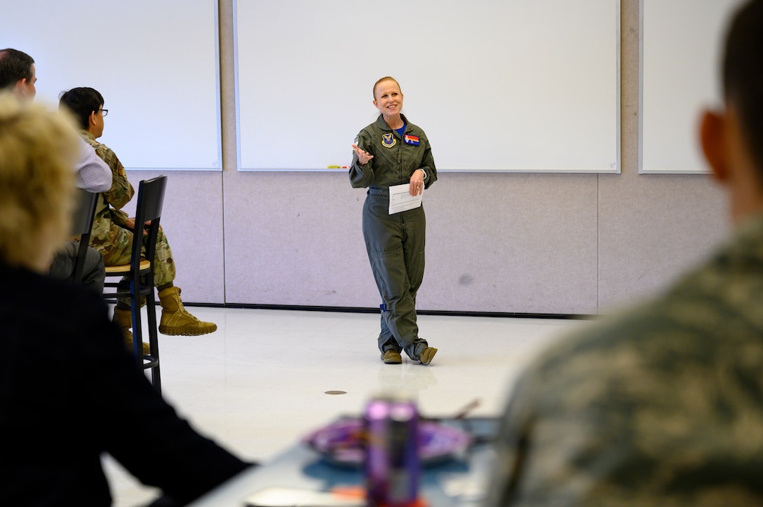 Col. Anita Feugate Opperman, 341st Missile Wing commander, speaks to JROTC cadets April 16, 2021, at Great Falls High School, Mont.