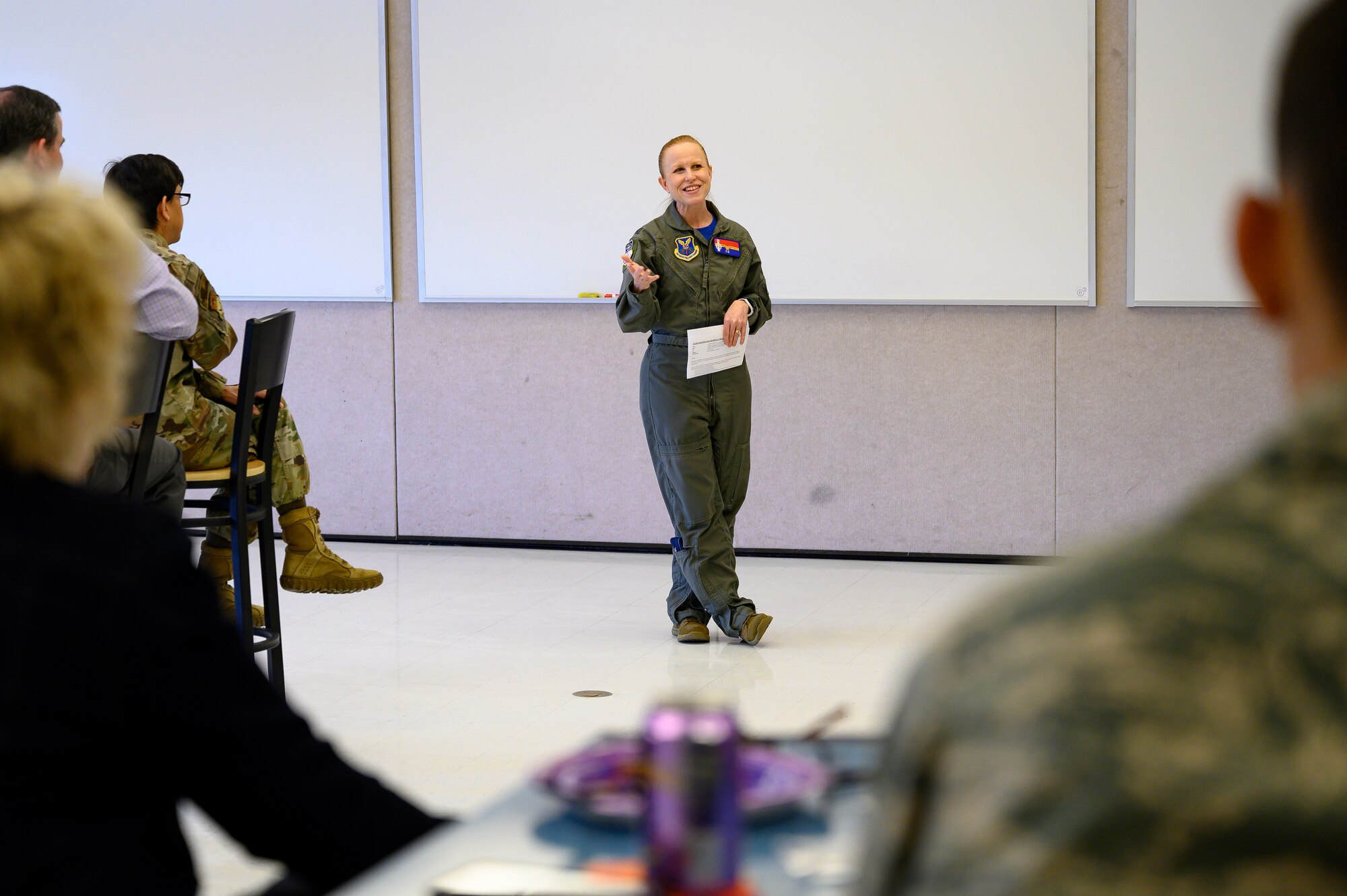 Col. Anita Feugate Opperman, 341st Missile Wing commander, speaks to JROTC cadets April 16, 2021, at Great Falls High School, Mont.