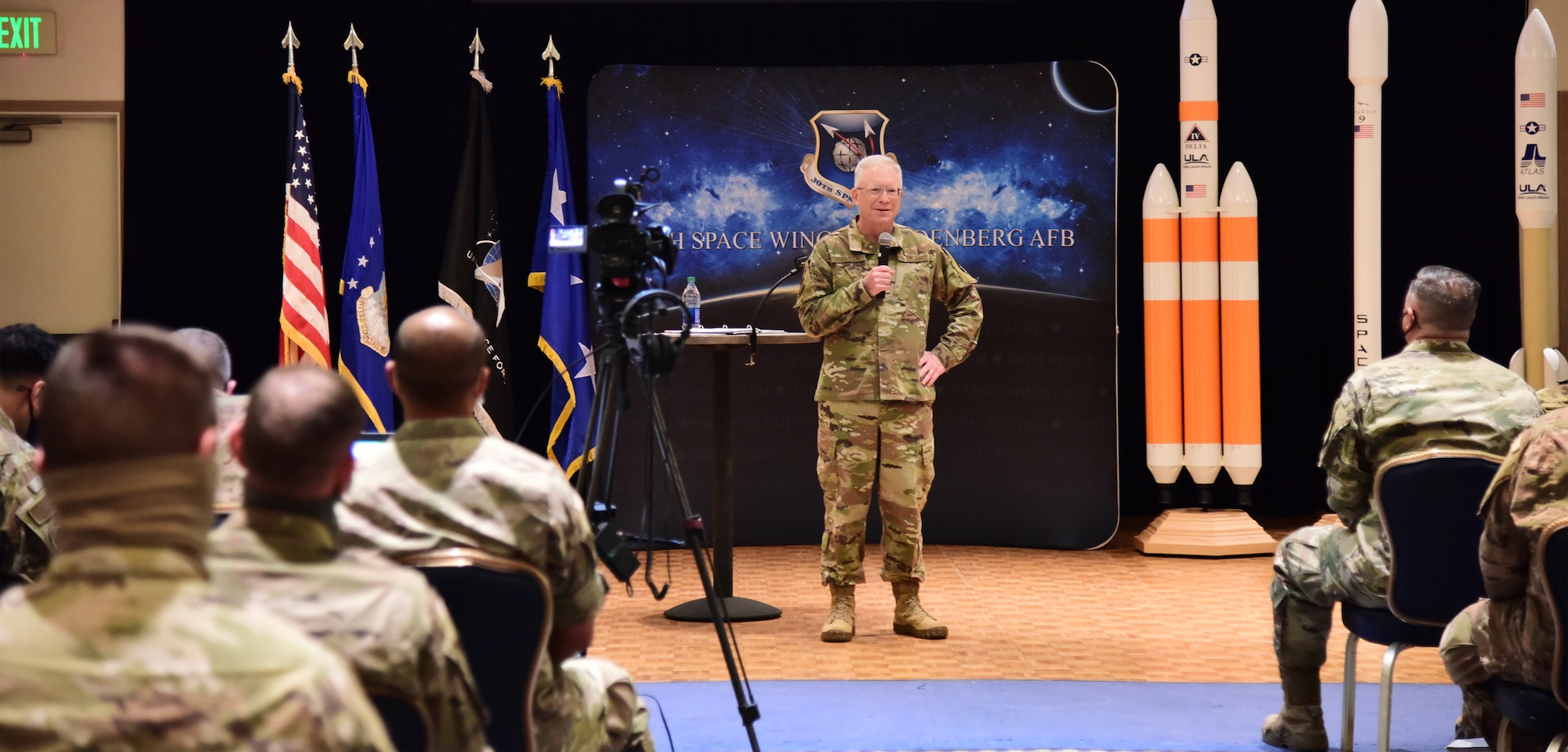 U.S. Space Force’s Space and Missile Systems Center commander Lt. Gen. John F. Thompson briefs Airmen and Guardians during a town hall, April 9, 2021, at Vandenberg Air Force Base, Calif.  During the visit, he met with Airmen and Guardians across the installation to learn about their contributions to space lift and range capabilities for the nation. (U.S. Space Force photo by Airman 1st Class Rocio Romo)