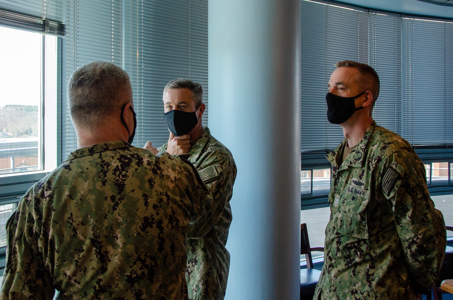 GROTON, Conn. (April 14, 2021) Rear Adm. Pete Garvin, commander, Naval Education and Training Command, center, visits Naval Submarine School. (U.S. Navy photo by Charles E. Spirtos)