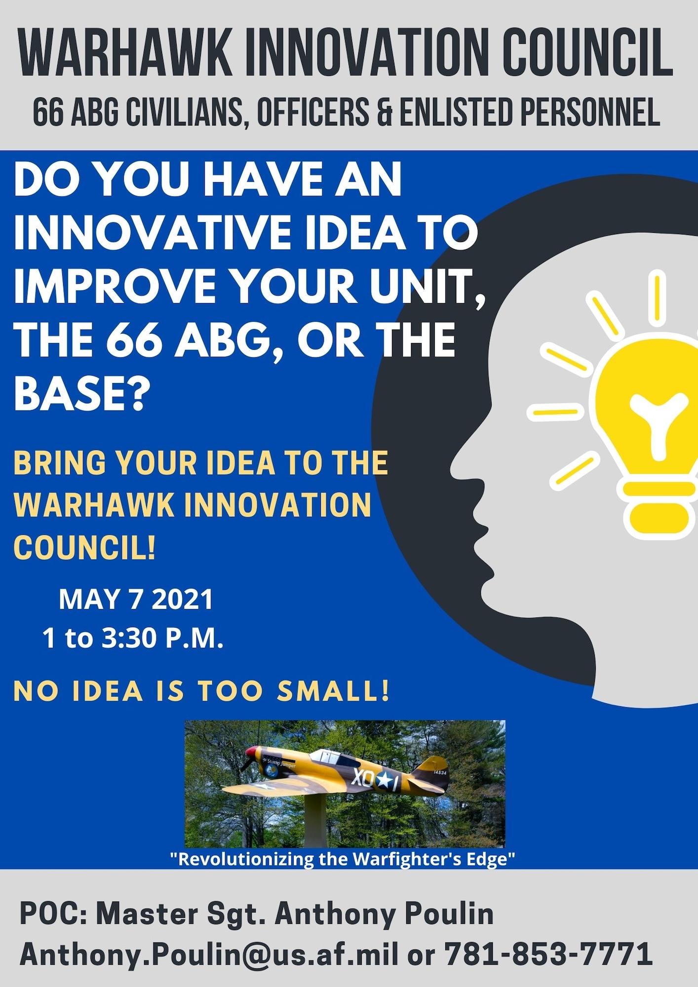 Leaders from the 66th Air Base Group will host a Warhawk Innovation Council pitch day at Hanscom Air Force Base, Mass., May 7. (U.S. Air Force graphic by Lauren Russell)