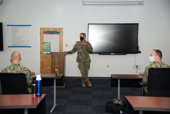 Newport, R.I. (April 13, 2021) Rear Adm. Pete Garvin, commander, Naval Education and Training Command, speaks to Naval Chaplaincy School and Center students during a visit to Naval Station (NAVSTA) Newport R.I., April 13. While onboard NAVSTA Newport, Garvin also visited Navy Supply Corps School, Center for Service Support, Surface Warfare Schools Command, and the Senior Enlisted Academy.  (U.S. Navy photo by Mass Communication Specialist 2nd Class Derien C. Luce)