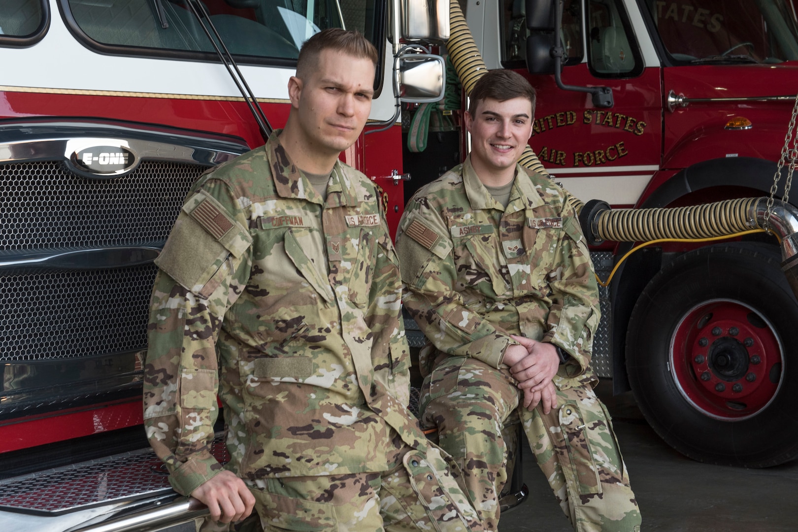 U.S. Air Force Staff Sgt. Daniel Coffman and Senior Airman Justin Ashby, firefighters for the 167th Civil Engineering Squadron, recently saved a man’s life, pulling him out of a burning house. The firefighters credit the feat to their intensive training.