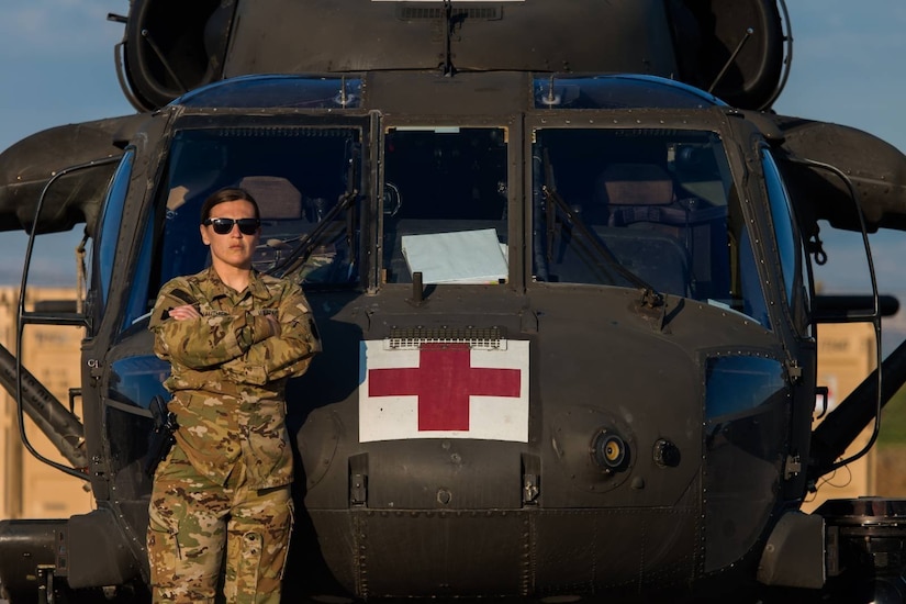 U.S. Army Spc. Donna Wauthier, a flight medic with Charlie Company, 2-104th General Support Aviation Battalion, 28th Expeditionary Combat Aviation Brigade, was one medic who responded immediately to care for wounded civilians after a rocket attack in February. (U.S. Army photo by Sgt. Eric Smith)