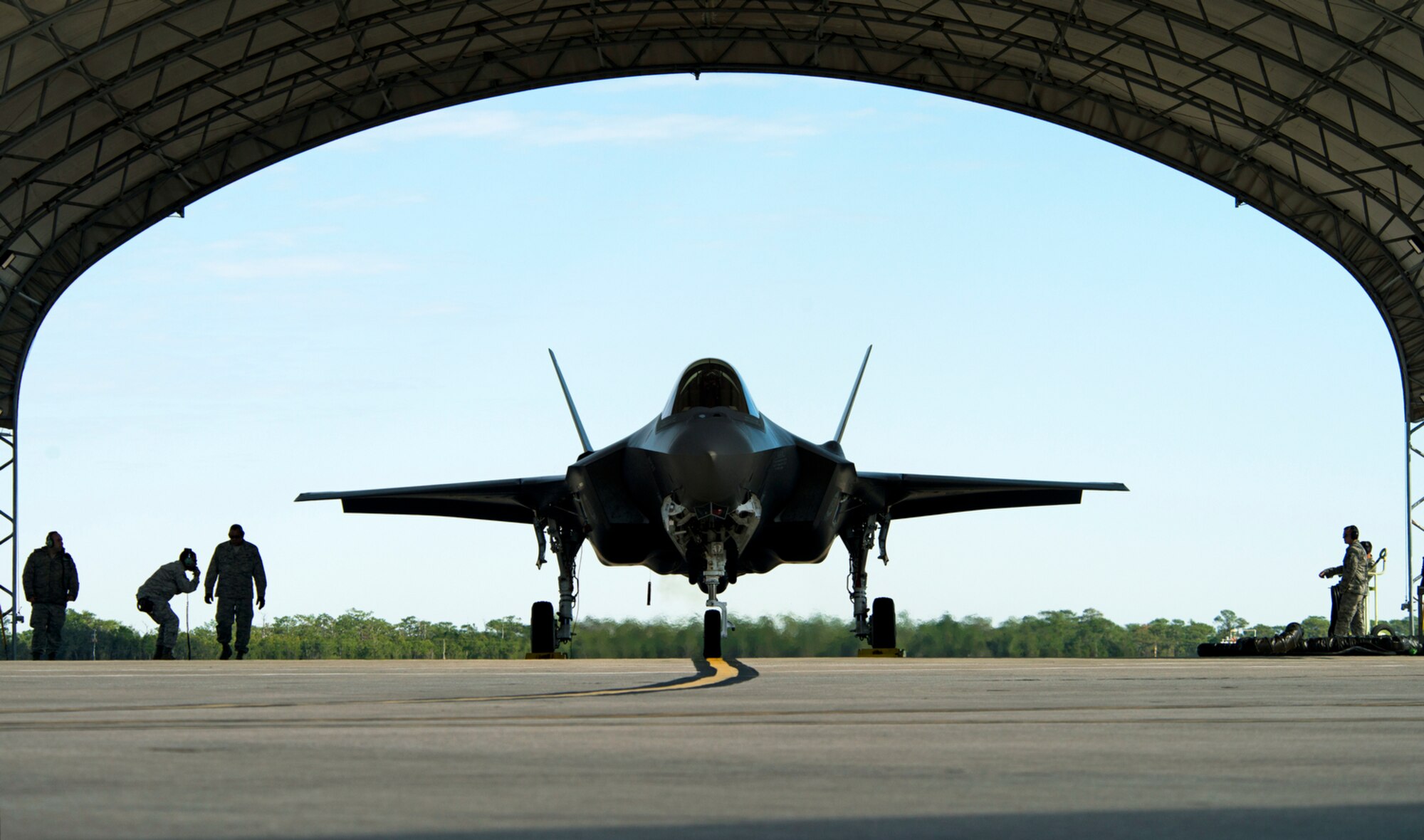 F-35A Lightning II joint strike fighter maintainers from the 58th Aircraft Maintenance Unit at Eglin Air Force Base, Fla., preflight the jet before taking off for a local training mission over the Emerald Coast. (U.S. Air Force photo/Tech. Sgt. Bennie J. Davis III)