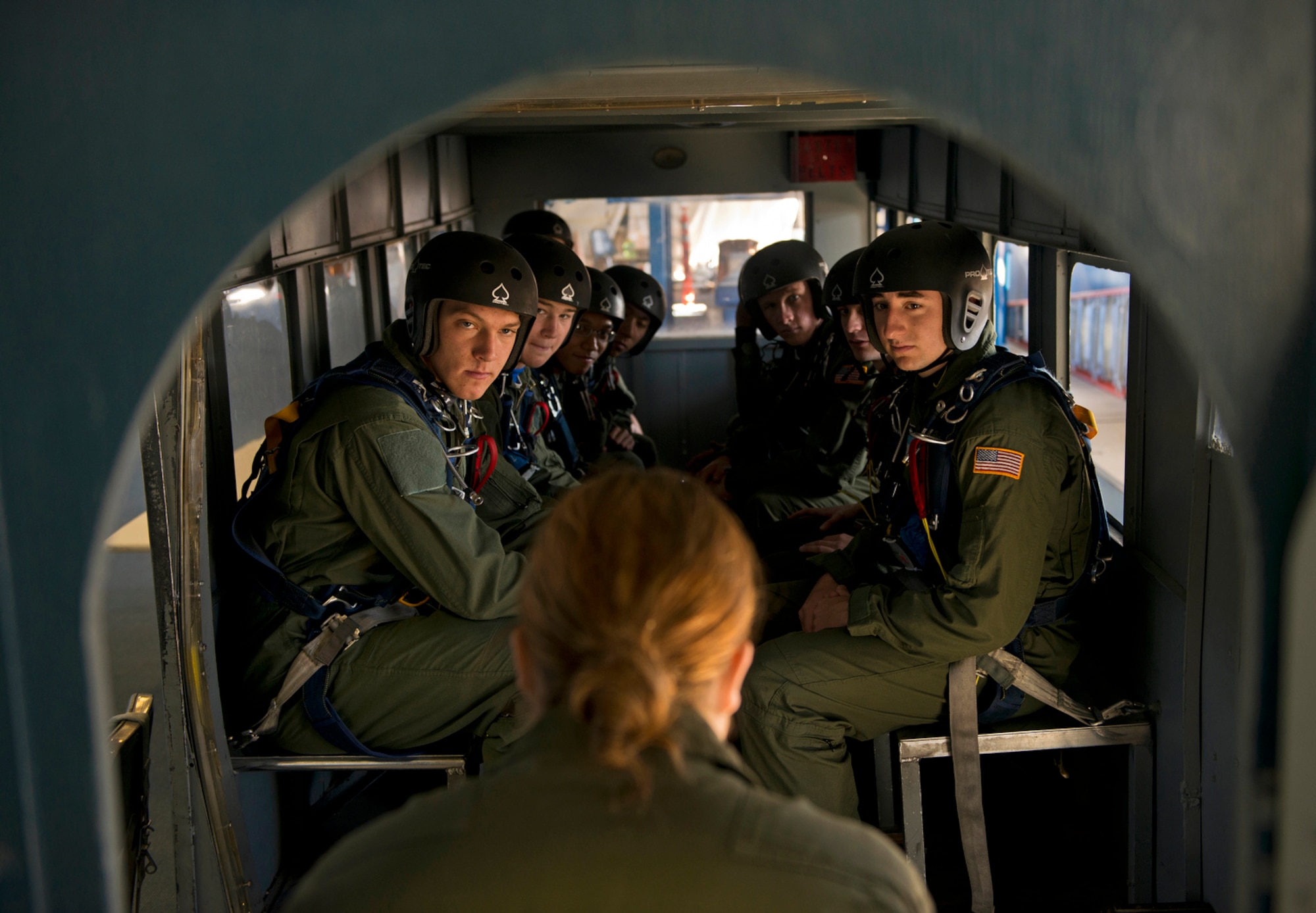 Cadets from the U.S. Air Force Academy conduct forty hours of ground training to learn the ins and outs of parachuting, everything from standing in the aircraft door, pulling their cords, emergency procedures and learning how to land properly. The course officially called AM 490, is a jump school that teaches leadership traits and is taught and organized for cadets by cadets. (U.S. Air Force photo/Tech. Sgt. Bennie J. Davis III)