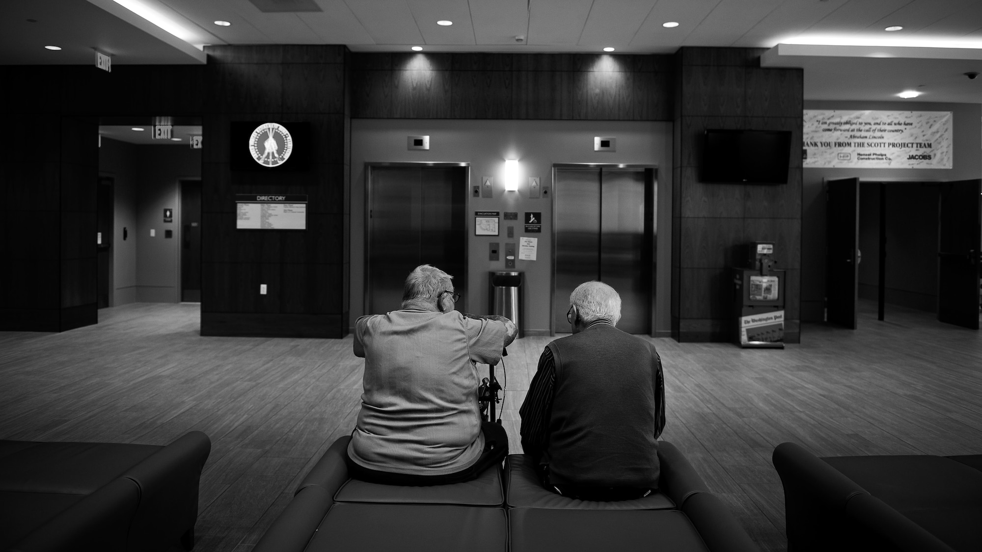 Bill Castle and Norman Godfrey, both residents at the Armed Forces Retirement Home, sit and talk after lunch. (U.S. Air Force photo/Staff Sgt. Andrew Lee)