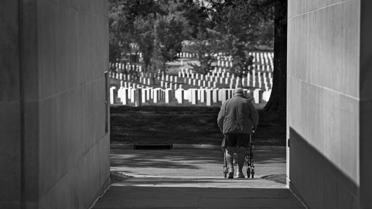 When he can, Bill Castle will pack his walker into the trunk of his car and head toward Arlington National Cemetery to visit his wife's grave. His visits used to be part of a weekly routine, but the journey has become more difficult, due to declining health.  (U.S. Air Force photo/Staff Sgt. Andrew Lee)