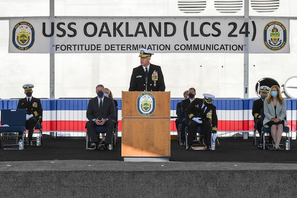 U.S. Naval Academy Superintendent Vice Adm. Sean Buck provides remarks at the USS Oakland (LCS 24) commissioning ceremony.